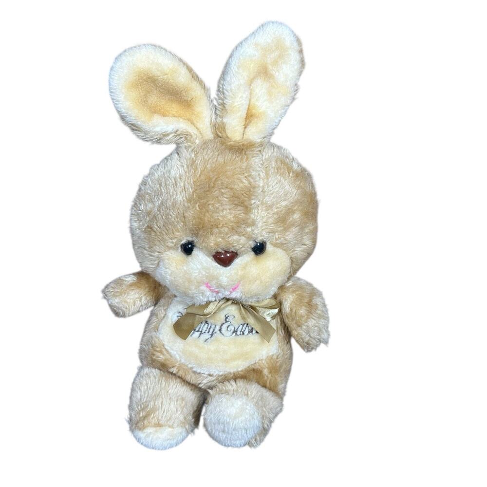 Vtg Stuffed Plush Bunny Rabbit Tan Embroidered Happy Easter Big Head Taiwan 15"